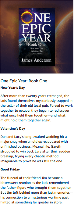 Cover of One Epic Year: Book One, showing four silhouetted figures standing outside a mysterious pub under dramatic lighting