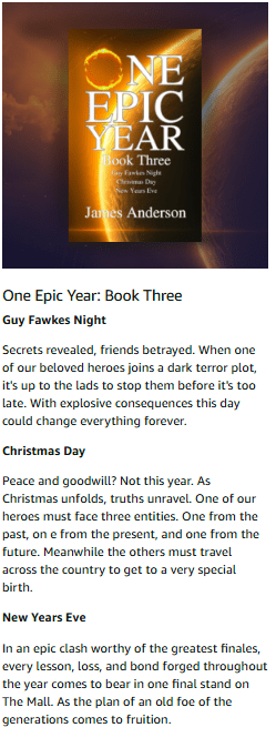 Cover of One Epic Year: Book Three, depicting four heroes standing defiantly amidst chaos, facing an alien threat